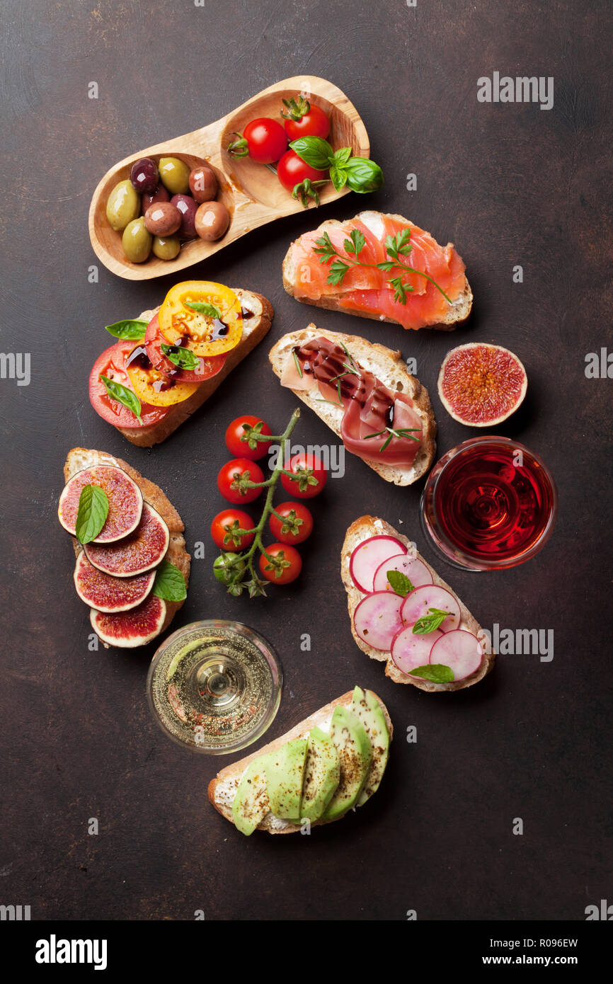 italian view Alamy Stock Appetizers Top tapas. white and antipasti Brushetta flat - rose and spanish Photo wine. with snacks traditional lay set or