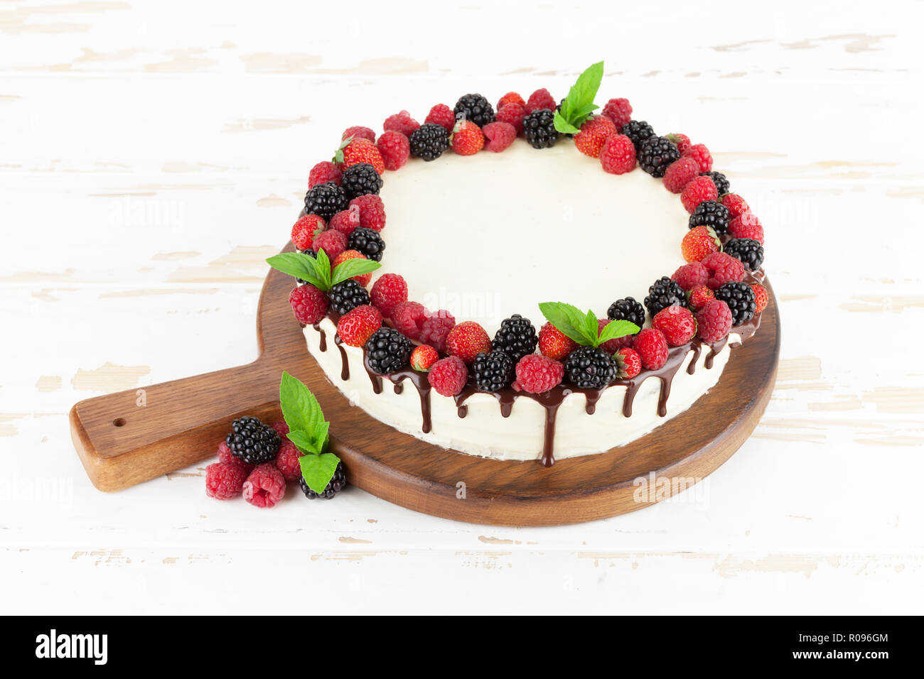 Cheese Cake With Chocolate And Berries With Space For Your Greetings Stock Photo Alamy