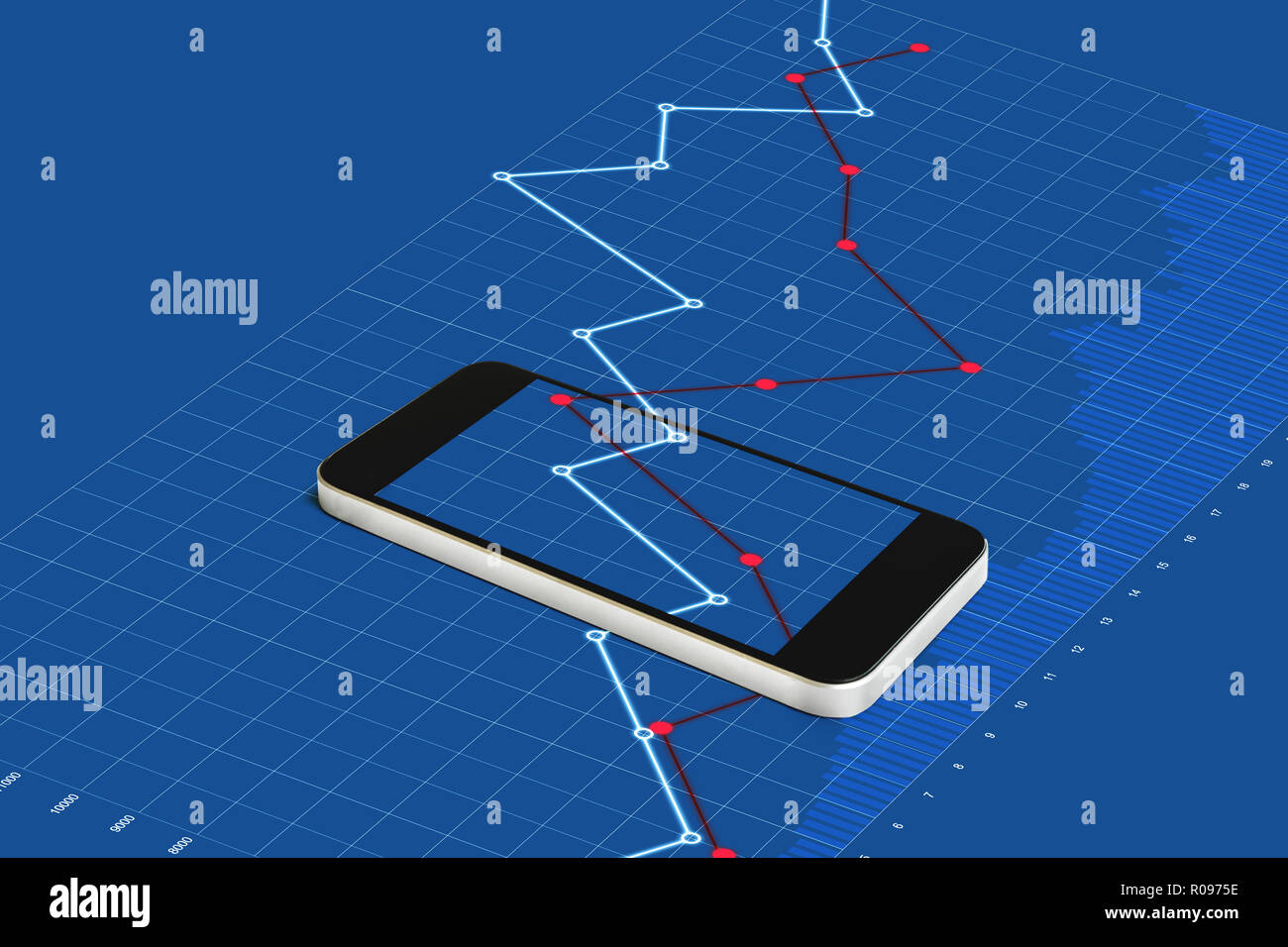 mobile smart phone and blue raising graph background stock photo