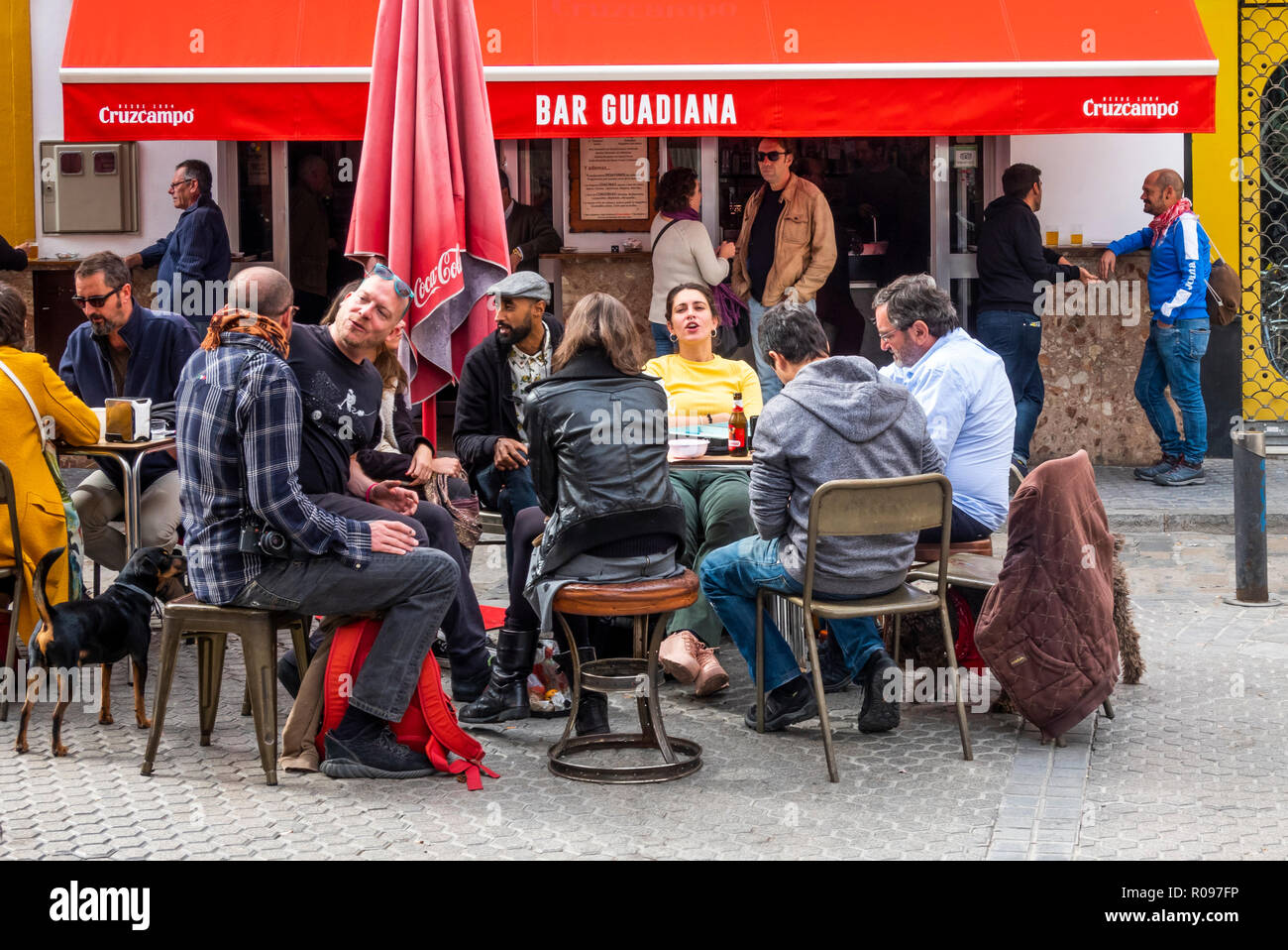 A gathering of hipster friends at the Bar Guadiana in Seville, Spain Stock Photo
