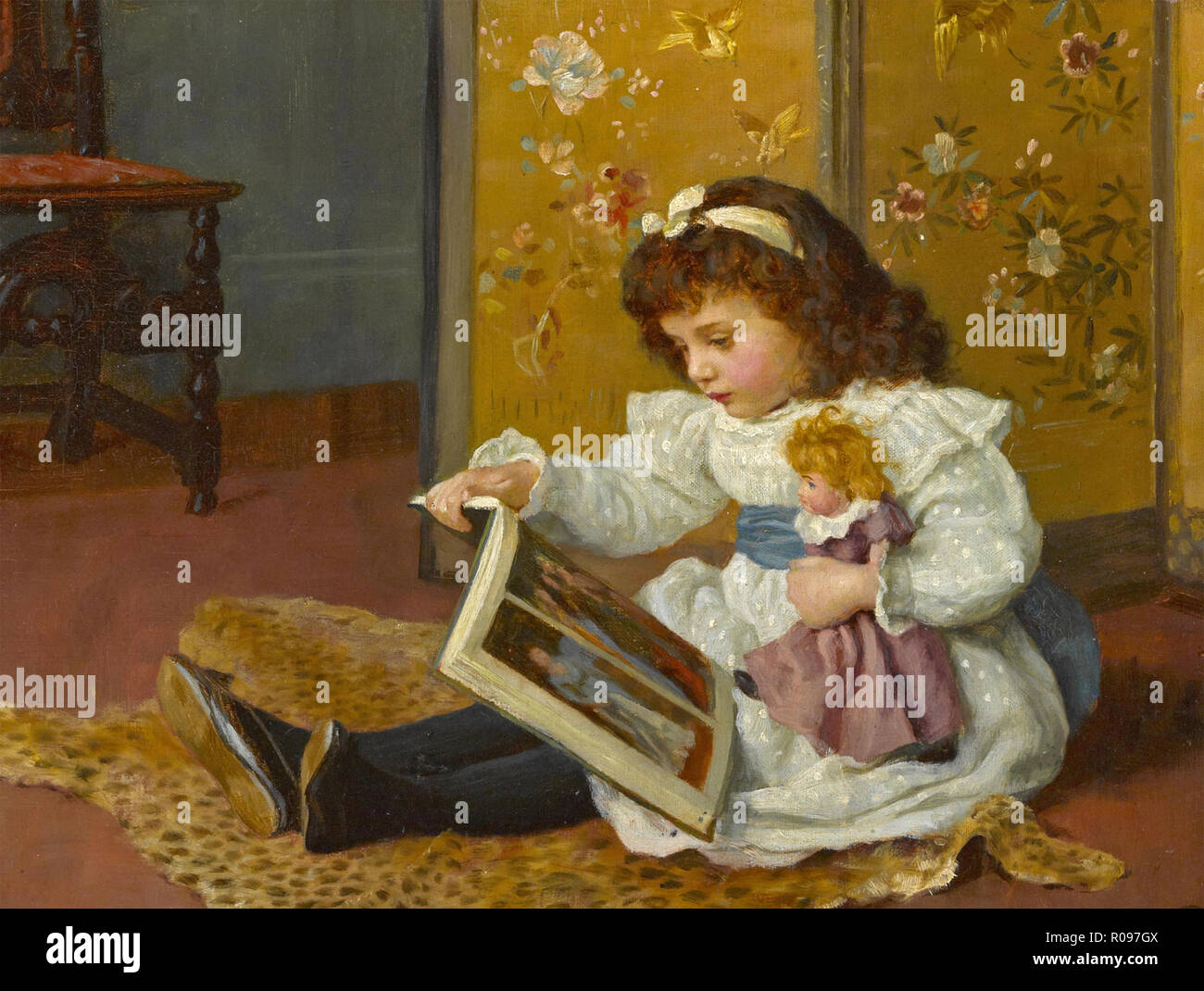 VICTORIAN CHILD READING WITH HER DOLL. Artist unknown. Stock Photo