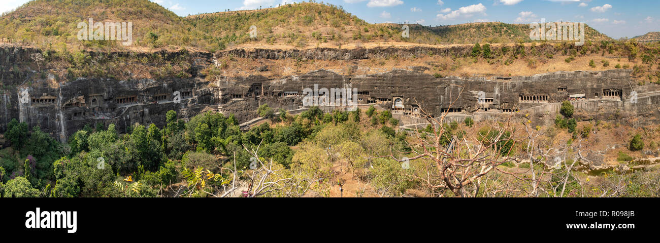 Ajanta Caves Panorama, near Aurangabad, Maharashtra, India Stock Photo