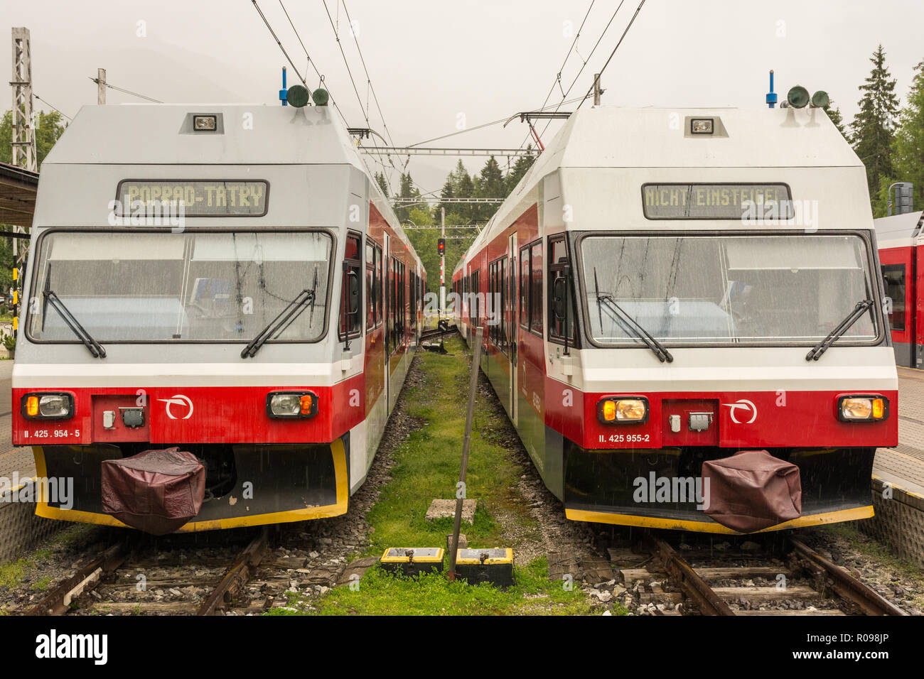 STRBSKE PLESO, SLOVAKIA - JULY 9, 2016: Pair of high mountain trains in Strbske Pleso station in High Tatras, Slovakia waiting for their turn during s Stock Photo