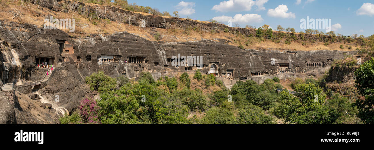 Ajanta Caves Panorama, near Aurangabad, Maharashtra, India Stock Photo