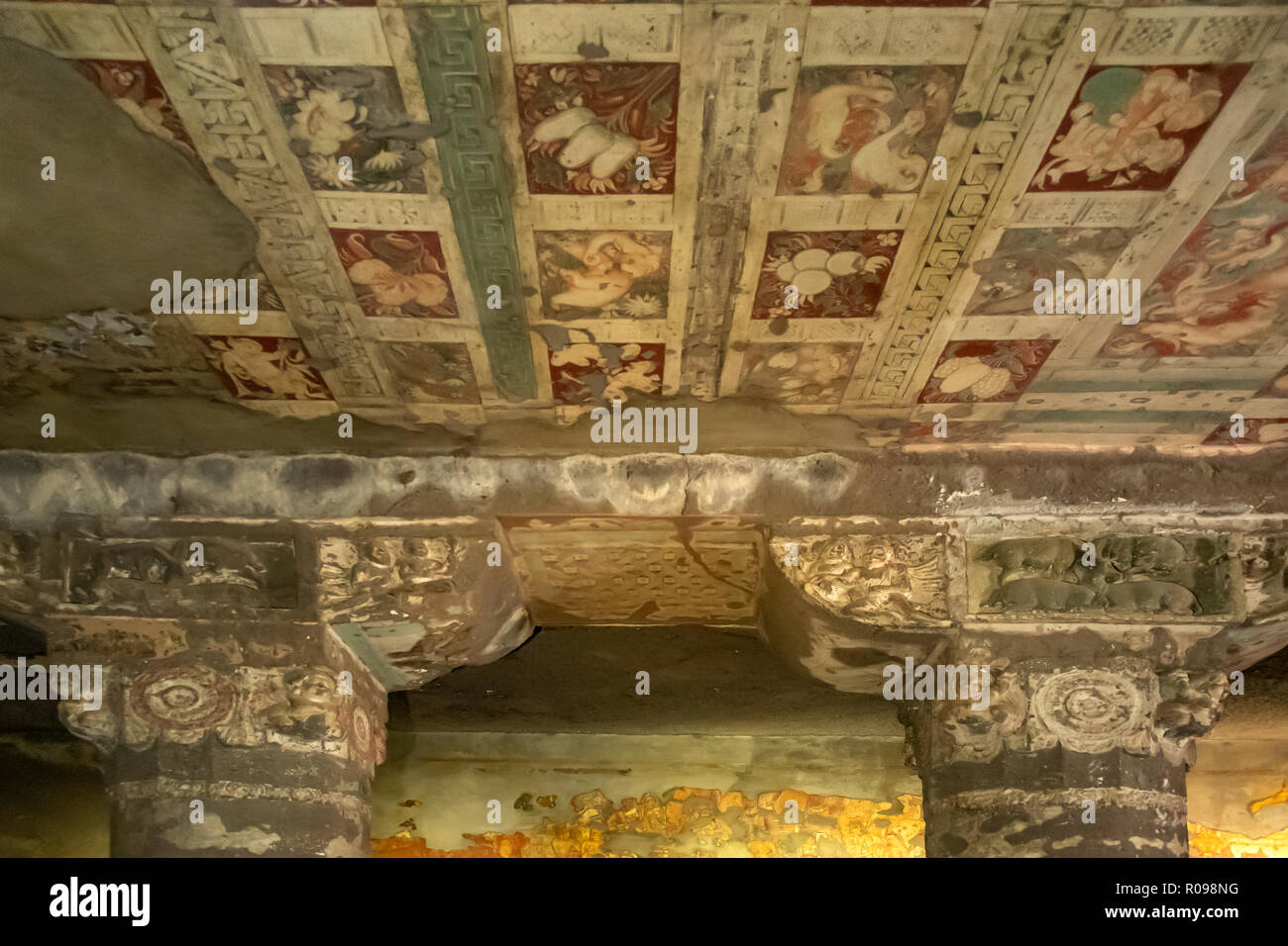 Ceiling Painting and Colonnade in Cave 1 at Ajanta Caves, near Aurangabad, Maharashtra, India Stock Photo