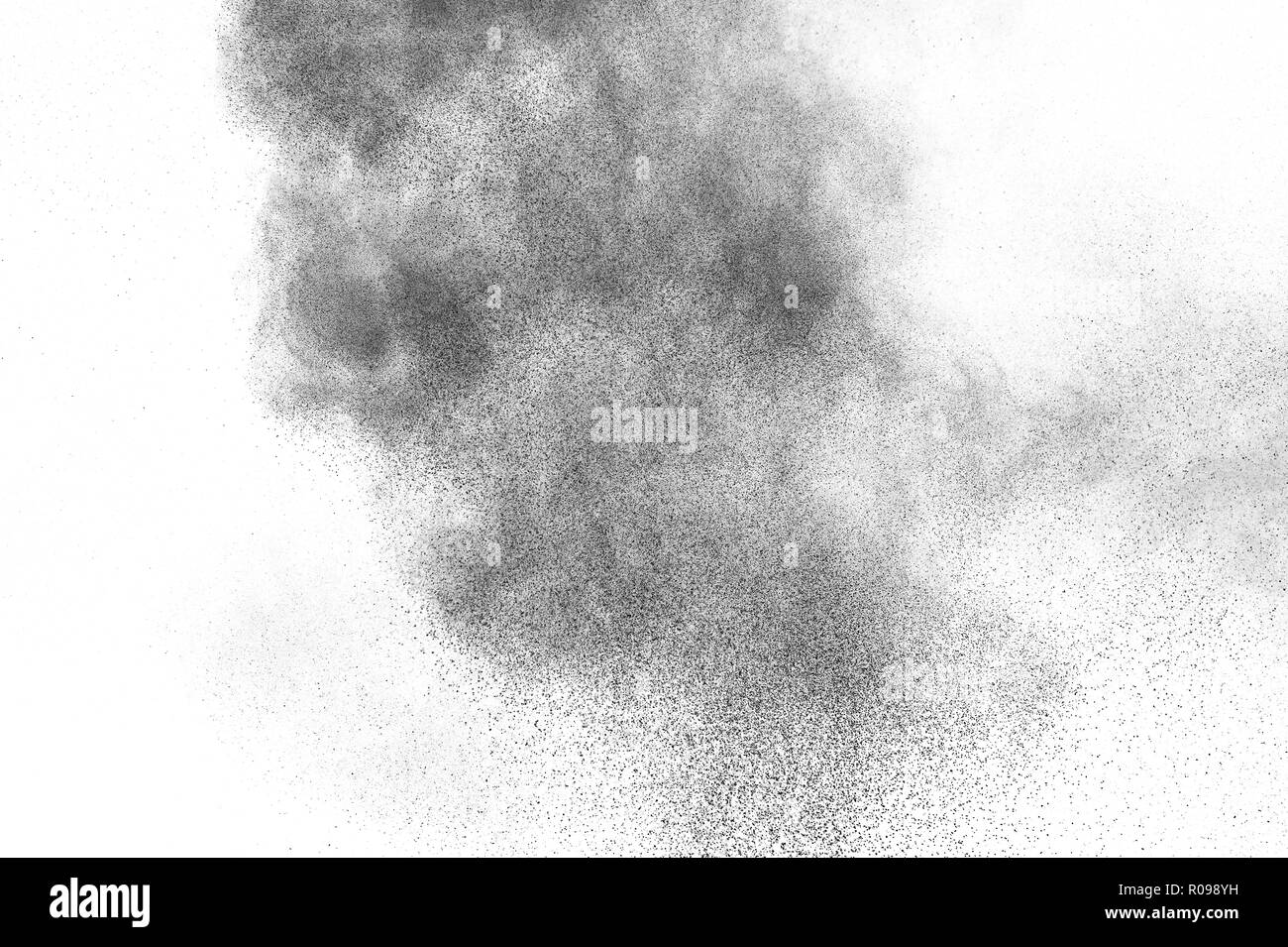 Black particles explosion isolated on white background. Abstract dust ...