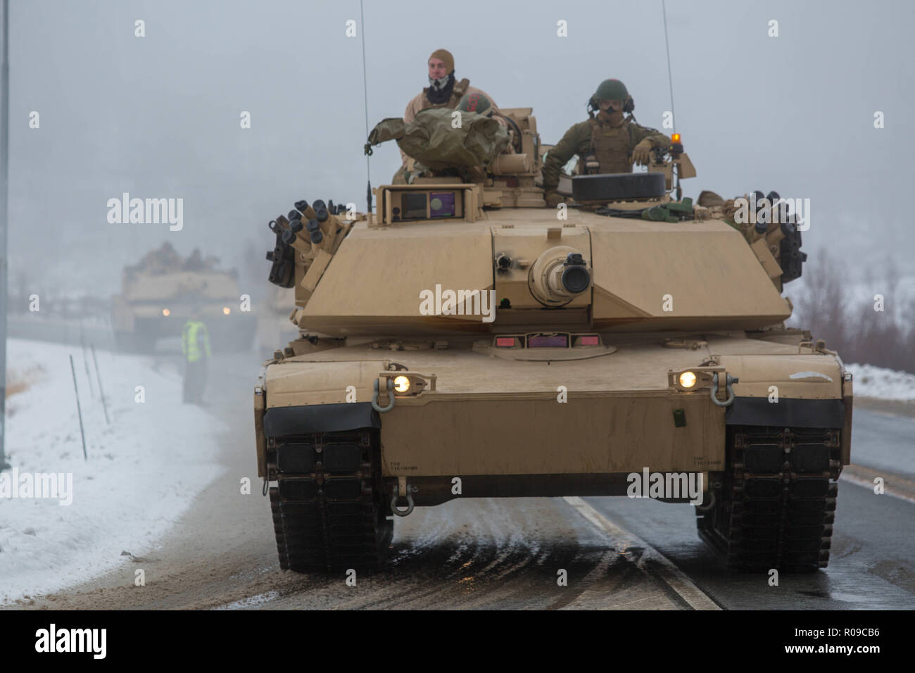 Molde Fjords, Norway. 01st Nov, 2018. U.S. Marines with 2nd Tank Battalion, 2nd Marine Division, in a convoy of M1A1 Abrams Battle Tanks during Exercise Trident Juncture 18 November 2, 2018 in Hjerkinn, Norway. The multi-national exercise is the largest NATO exercise since 2015, and includes more than 50,000 military members from 31 countries. Credit: Planetpix/Alamy Live News Stock Photo