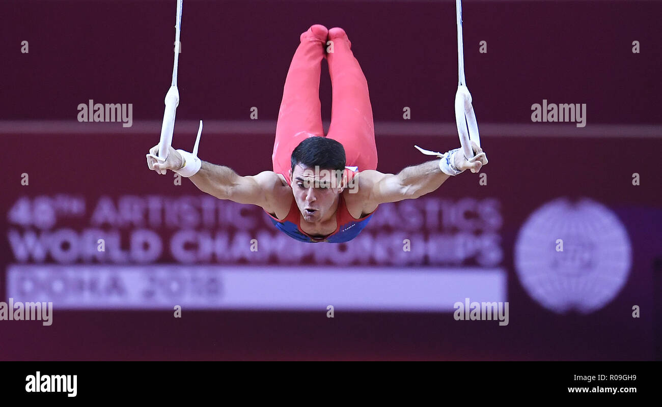 Doha, Katar. 02nd Nov, 2018. Artur Tovmasyan (ARM) at the rings, rings