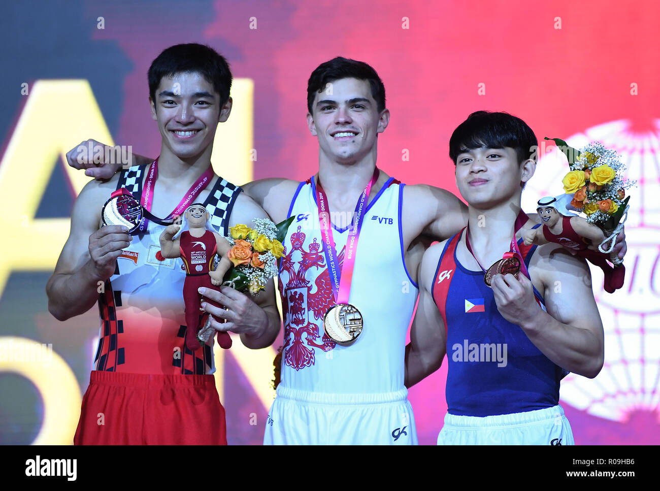 Doha Katar. 02nd Nov 2018. Presentation ceremony Kenzo Shirai Japan Artur Dalaloyan RUS and Edriel Carlos Yulo PHI GES Gymnastics Gymnastics World Championships in Doha Geraetfinale 02.11.2018 GES Art...