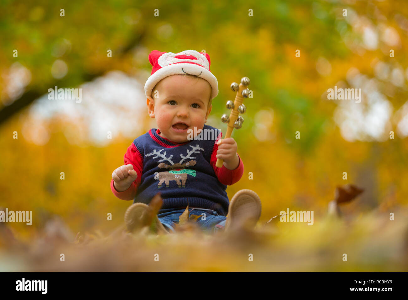 18 month old boy siting in autumn leaves wearing christmas seasonal clothes Stock Photo