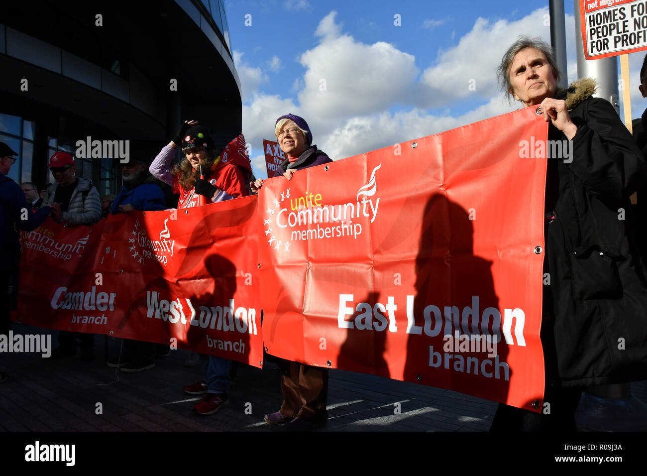 London, UK. 3rd Nov, 2018. Protests against Sadiq Khan has agreed to binding ballots in some circumstances, but there should be no exceptions of Hundreds of council tenants across London face the destruction of their homes and communities, without any say. The rally will bring together people from some of the 80 estates in the city currently facing demolition, with campaigners demanding Safe, Secure Homes for All outside City Hall on 3 November 2018, London, UK. Credit: Picture Capital/Alamy Live News Stock Photo