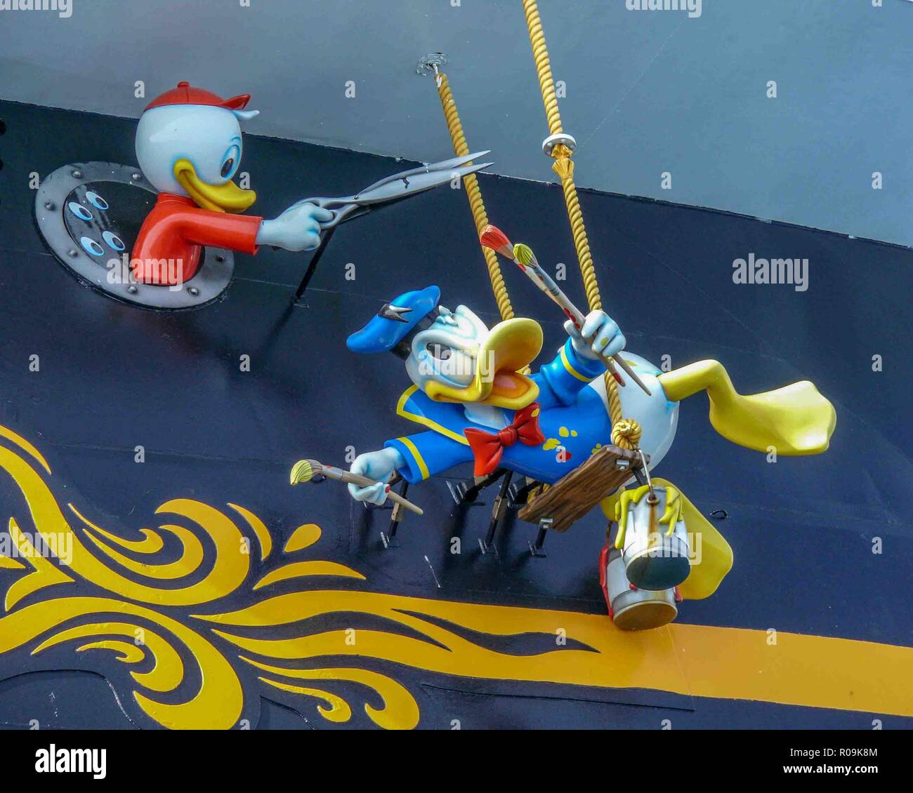 Nassau, New Providence, Bahamas. 16th Jan, 2009. Disney characters Donald Duck and nephews hang from the stern of Disney Cruise Lines Disney Wonder docked in the port of Nassau in the Bahamas, a popular cruise-ship destination. Credit: Arnold Drapkin/ZUMA Wire/Alamy Live News Stock Photo