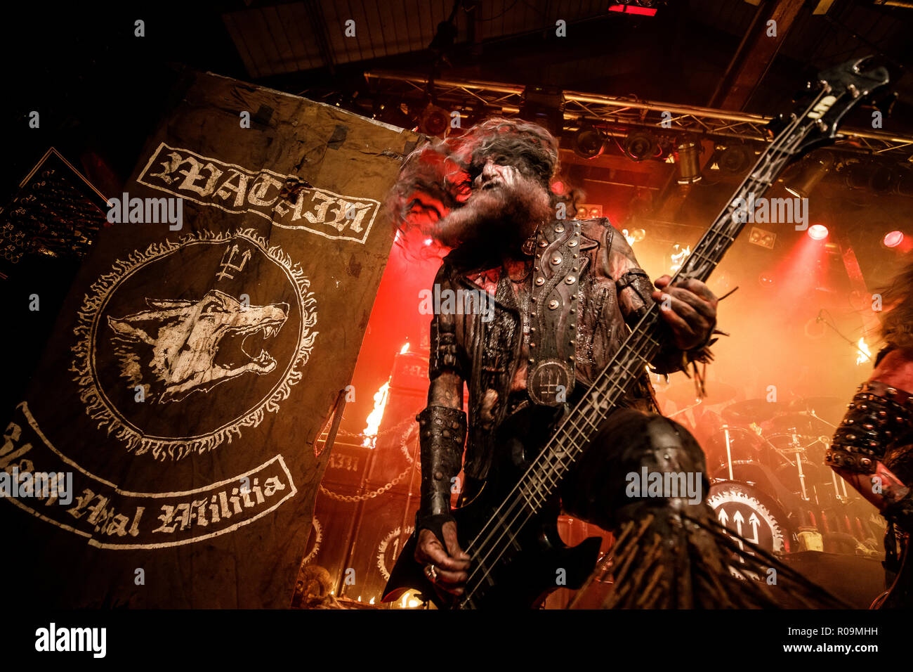 Copenhagen, Denmark. 02nd Nov, 2018. Denmark, Copenhagen - November 2,  2018. The Swedish black metal band Watain performs a a live concert at  Pumpehuset in Copenhagen. Here bass player Alvaro Lillo is