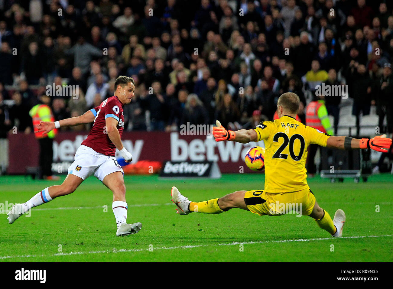 London, UK. 03rd Nov, 2018. Javier Hernandez of West Ham United (L) scores his team's fourth goal. Premier League match, West Ham United v Burnley at the London Stadium, Queen Elizabeth Olympic Park in London on Saturday 3rd November 2018. this image may only be used for Editorial purposes. Editorial use only, license required for commercial use. No use in betting, games or a single club/league/player publications . pic by Steffan Bowen/Andrew Orchard sports photography/Alamy Live news Credit: Andrew Orchard sports photography/Alamy Live News Stock Photo
