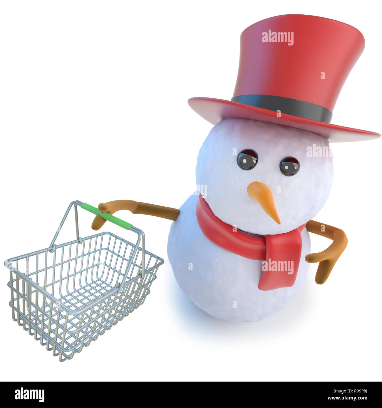 3d render of a funny cartoon snowman in top hat holding a shopping ...