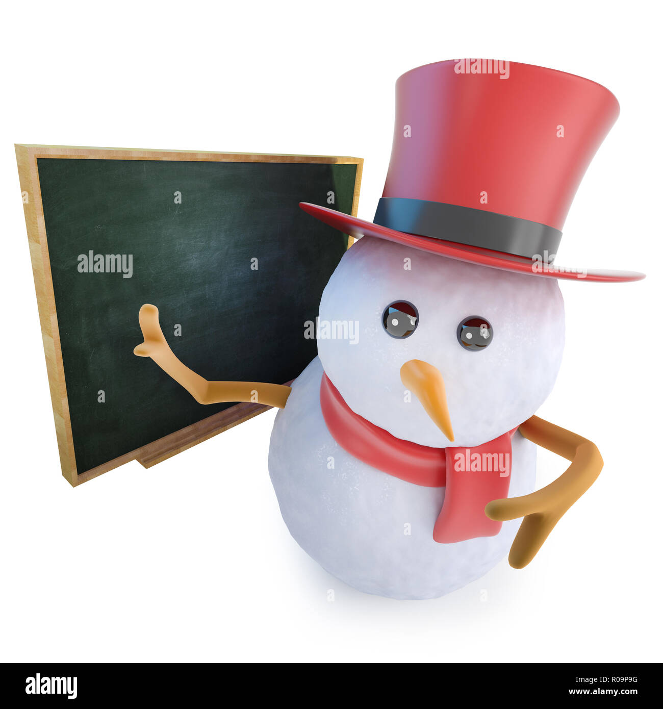 3d render of a funny cartoon snowman in top hat teaching in front of a ...