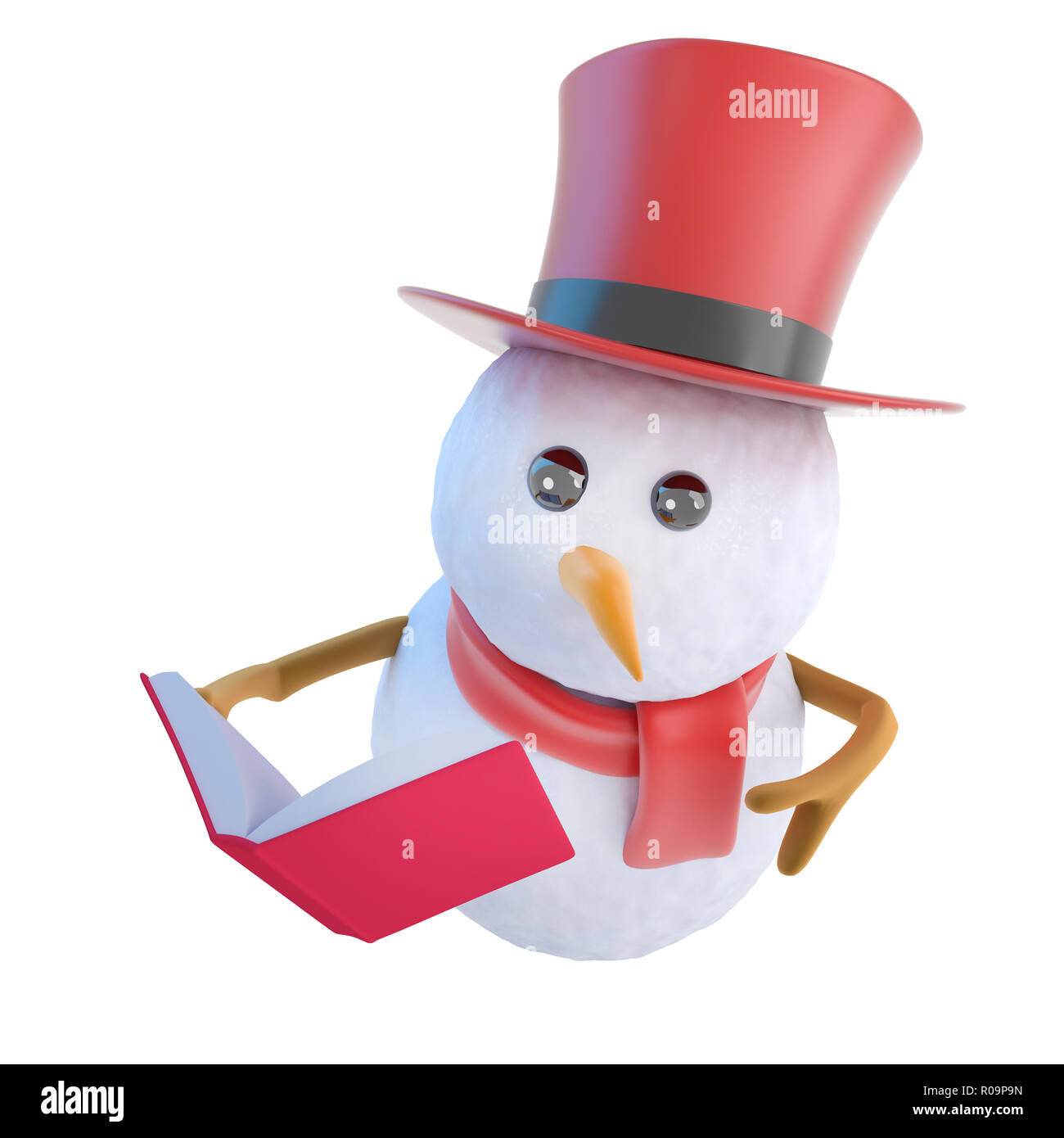 3d render of a funny cartoon snowman in top hat reading a book Stock ...