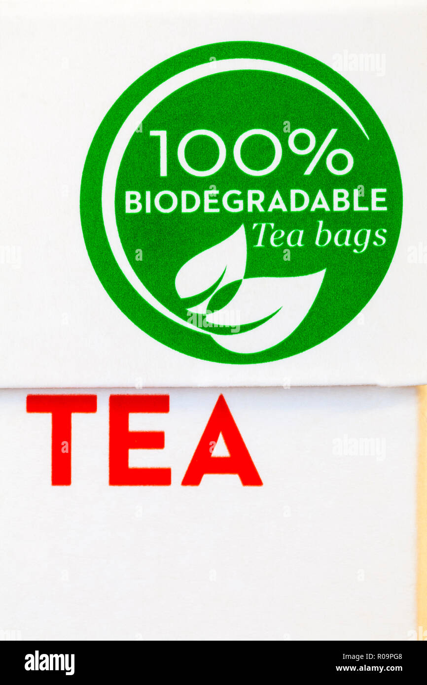 100% biodegradable tea bags symbol logo on box of PG tips tea bags Stock Photo