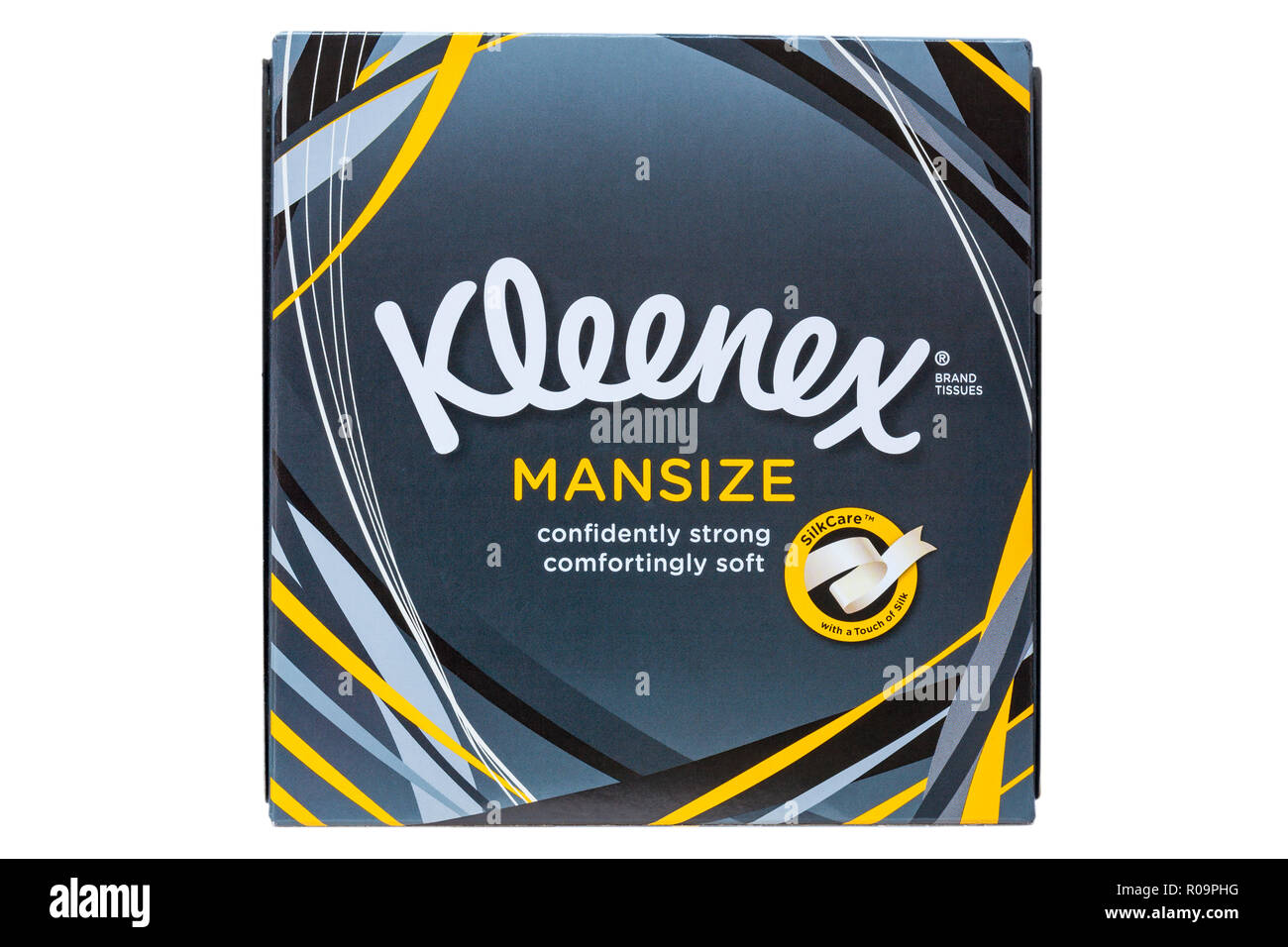 Box of Kleenex Mansize brand tissues isolated on white background -  confidently strong comfortingly soft - Silkcare with a touch of silk Stock  Photo - Alamy