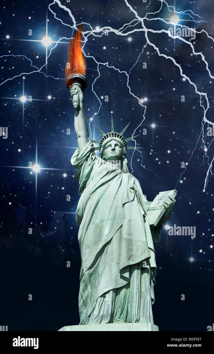 Statue of Liberty in a lighting storm and stars Stock Photo Alamy