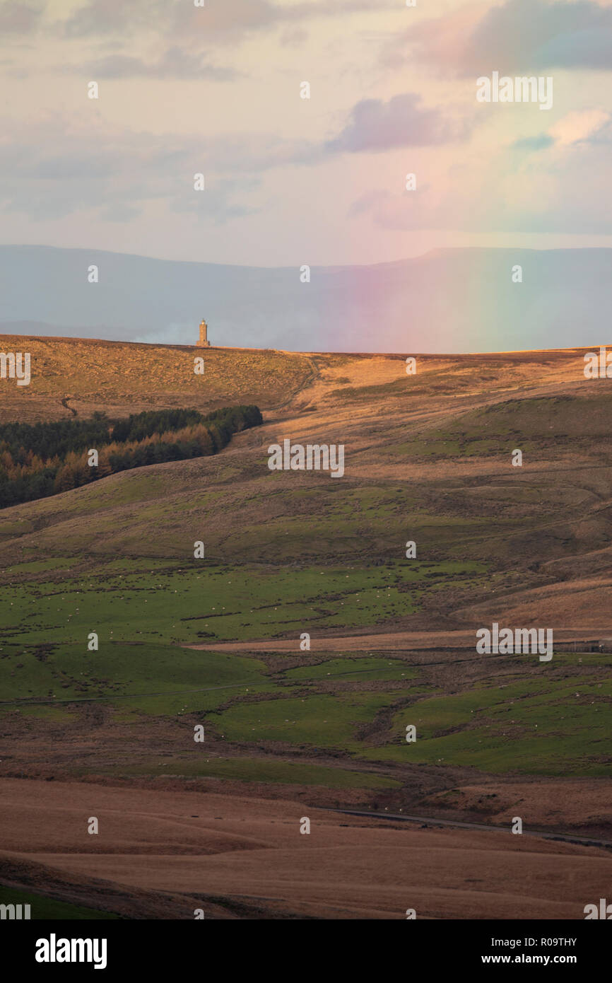 Darwen Tower and rainbow, West.Pennine Moors, Lancashire. Stock Photo
