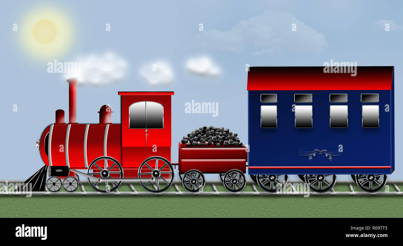 Graphic illustration of old time train carrying with it a wagon of coal and a passenger car on tracks.  Blue sky with puffs of smoke. Stock Photo