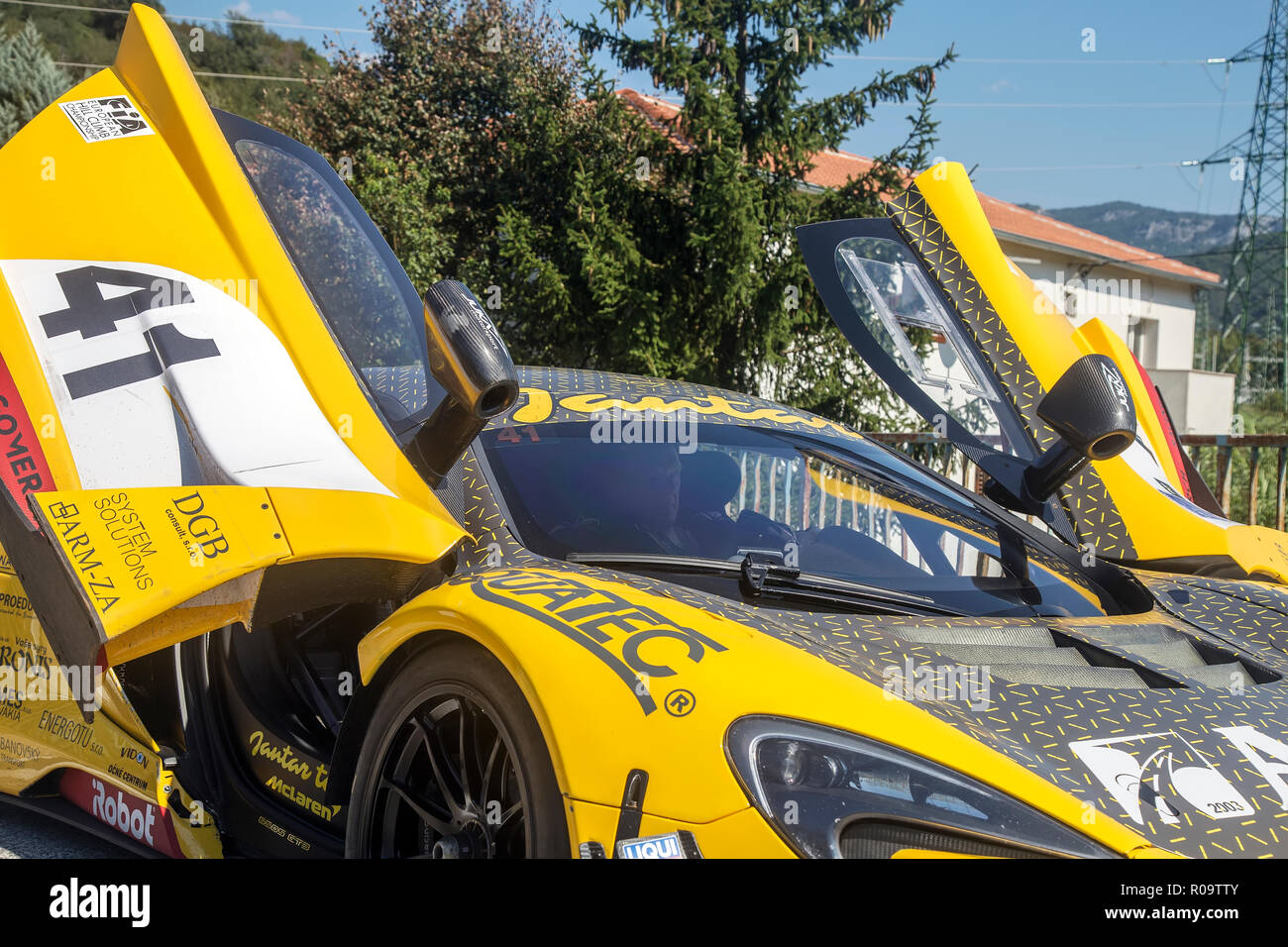 Sport racing car and driver waiting his turn on European Hill Climb Championship in Buzet, Croatia. Stock Photo