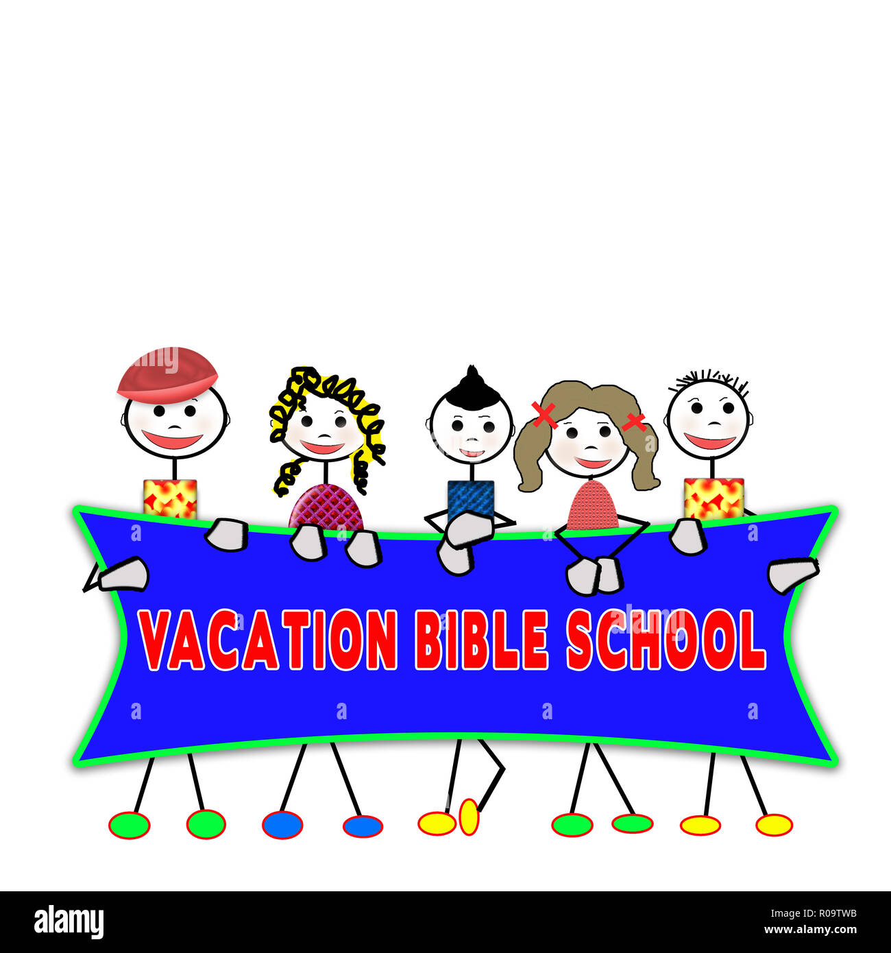 Graphic Illustrations and backgrounds for Vacation Bible School.  Children standing by banner advertising school. One image has large mix-matched text Stock Photo
