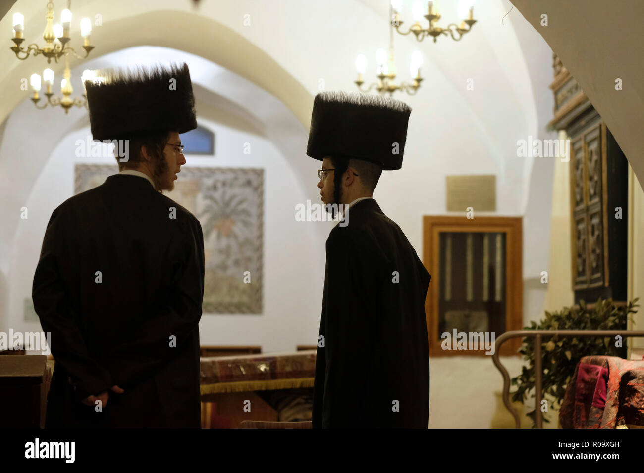 Hasidic Jews wearing a shtreimel fur hat worn by many married Haredi