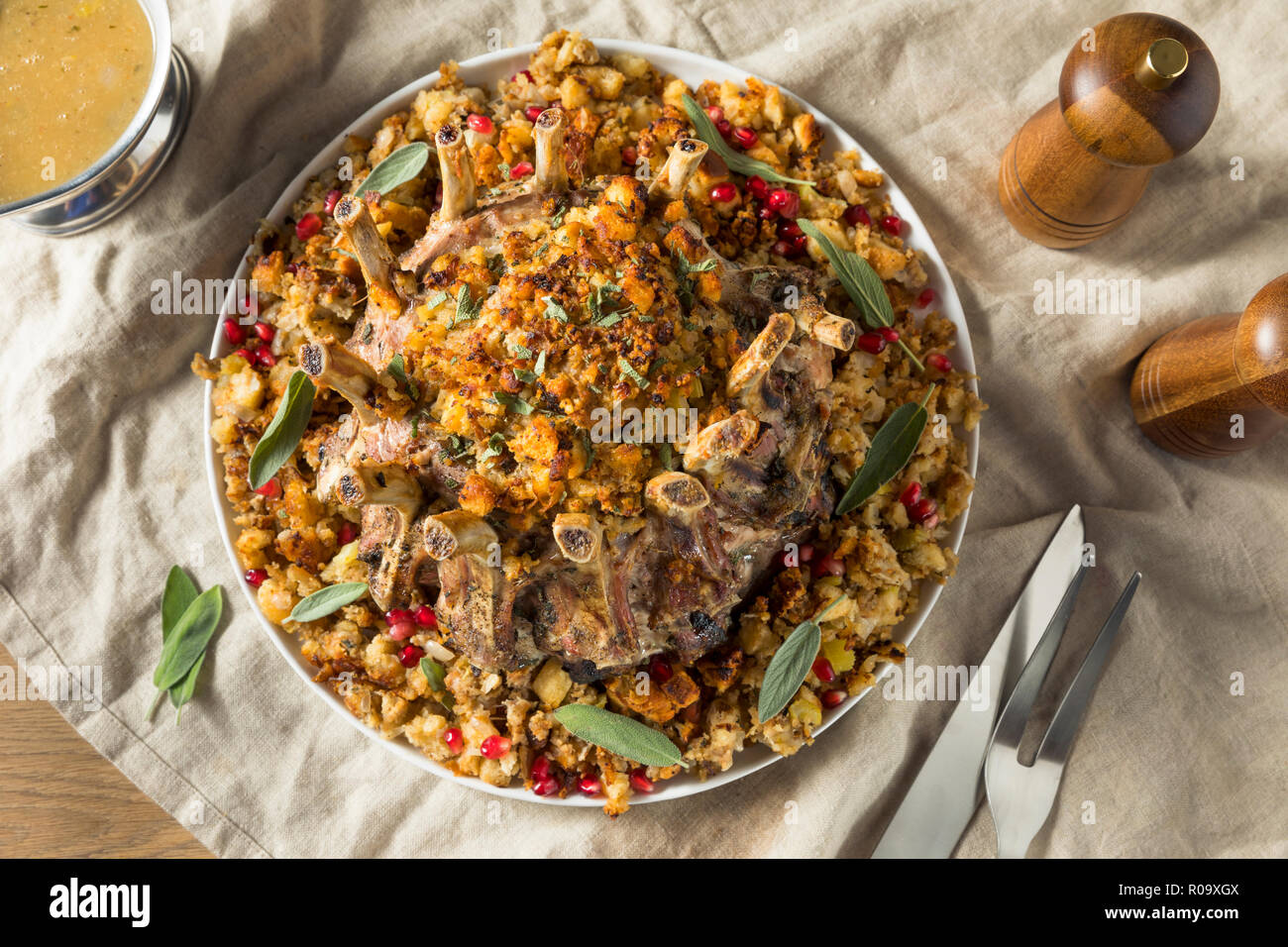 Homemade Holiday Crown of Roast Pork with Stuffing and Gravy Stock