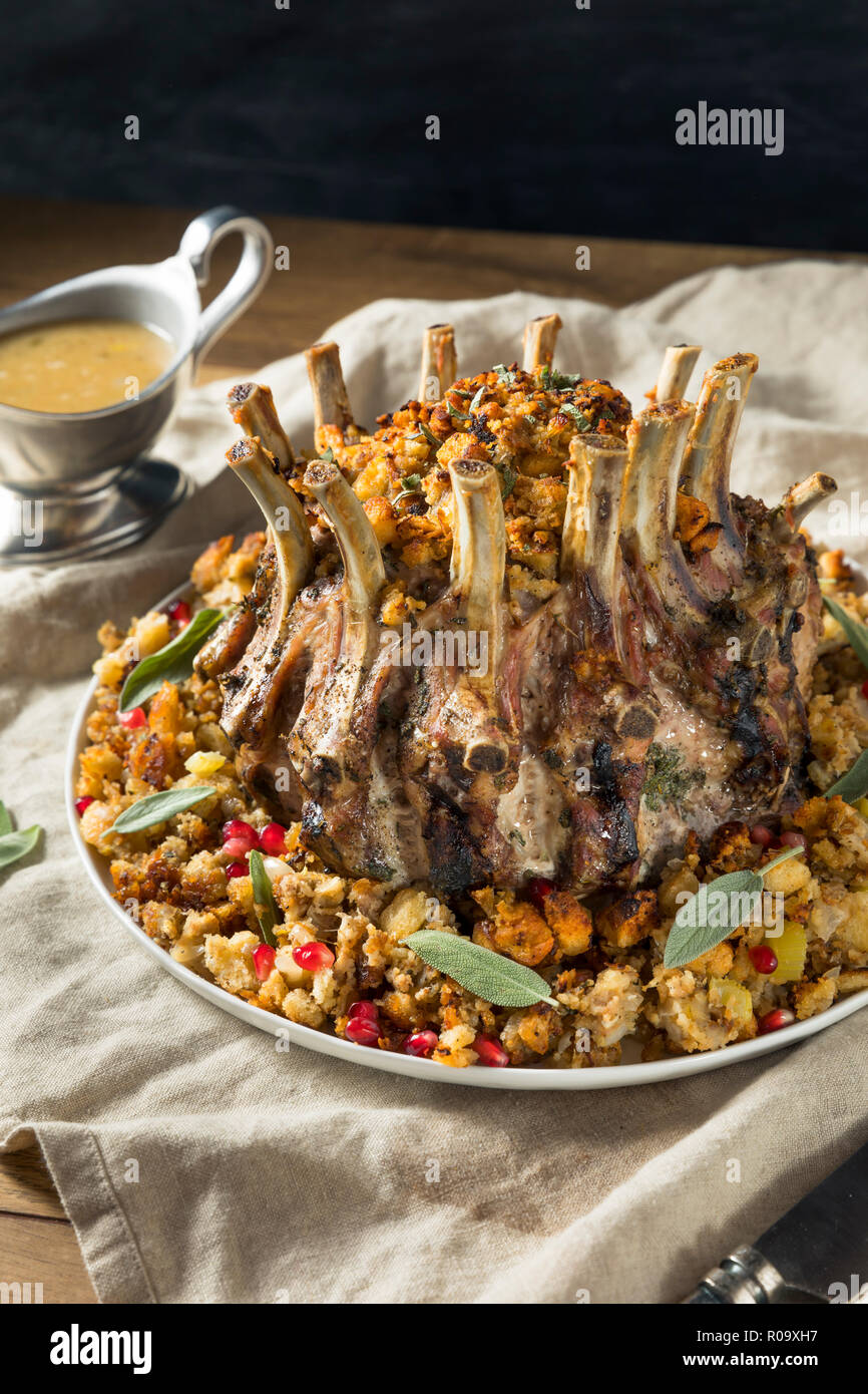 Homemade Holiday Crown of Roast Pork with Stuffing and Gravy Stock