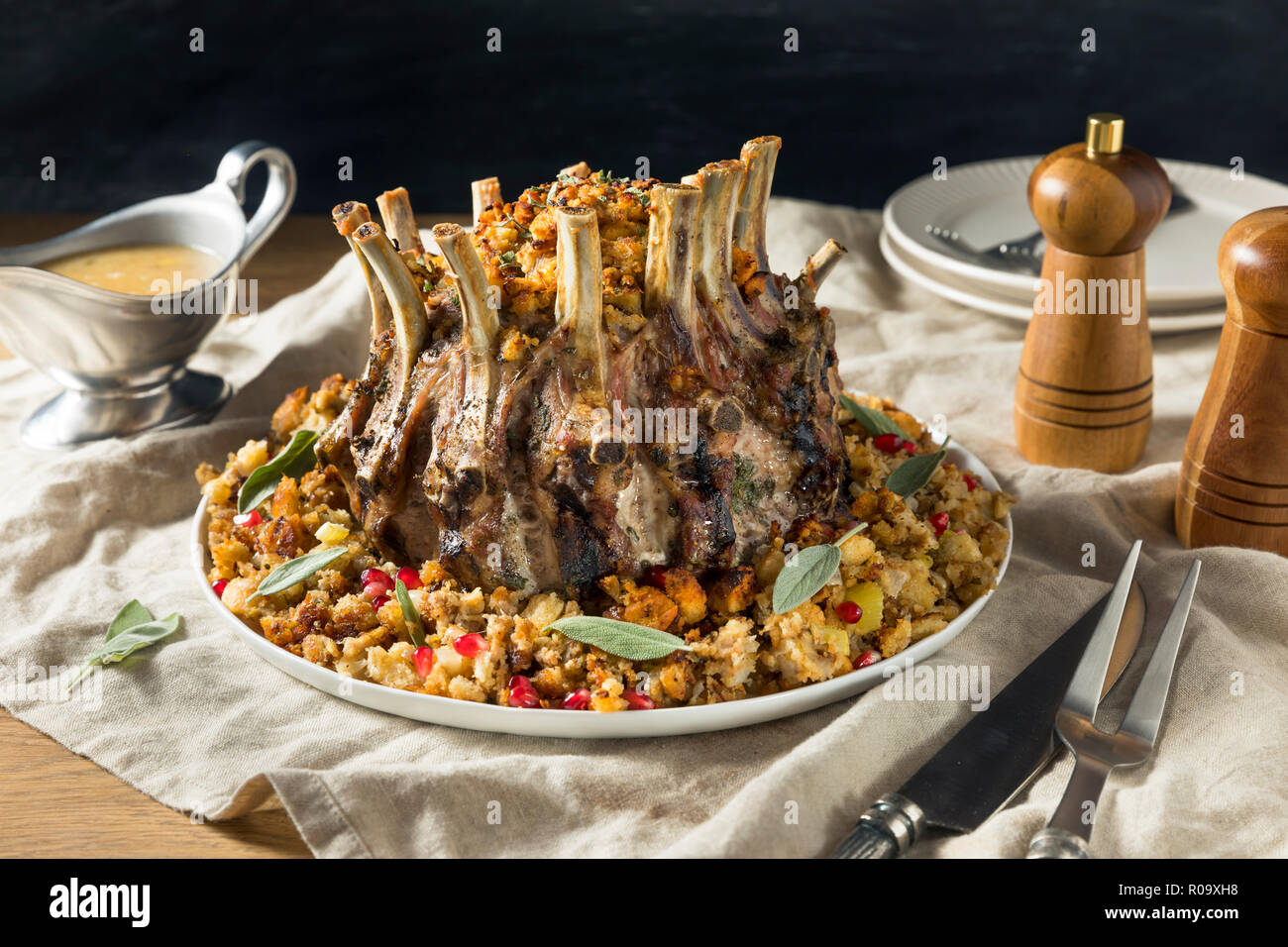 Homemade Holiday Crown of Roast Pork with Stuffing and Gravy Stock