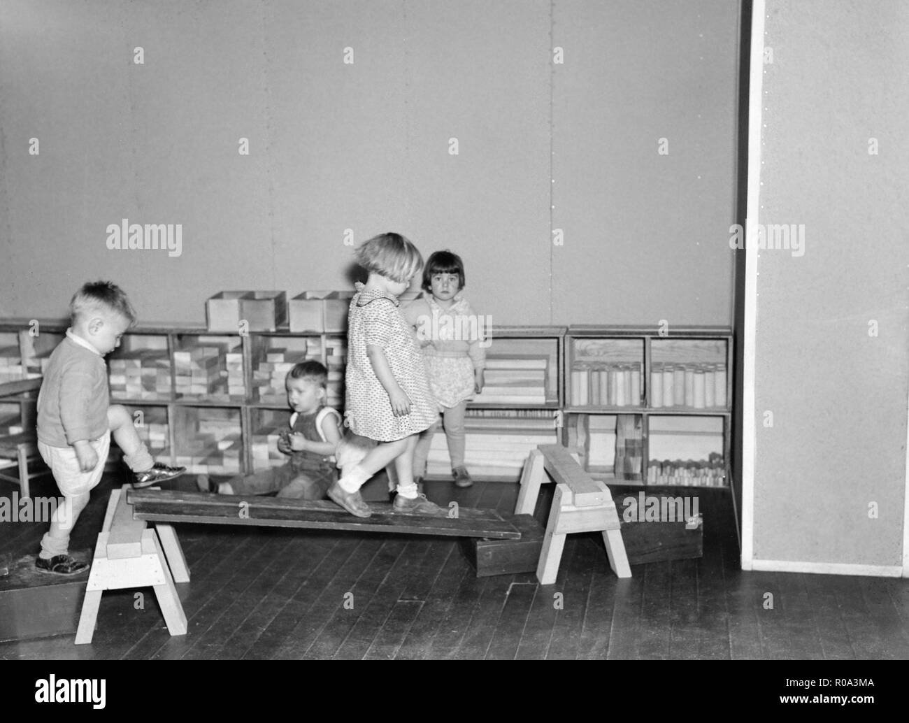 Children at Play at Nursery School, Reedsville, West Virginia, USA, Elmer Johnson, Farm Security Administration, April 1935 Stock Photo