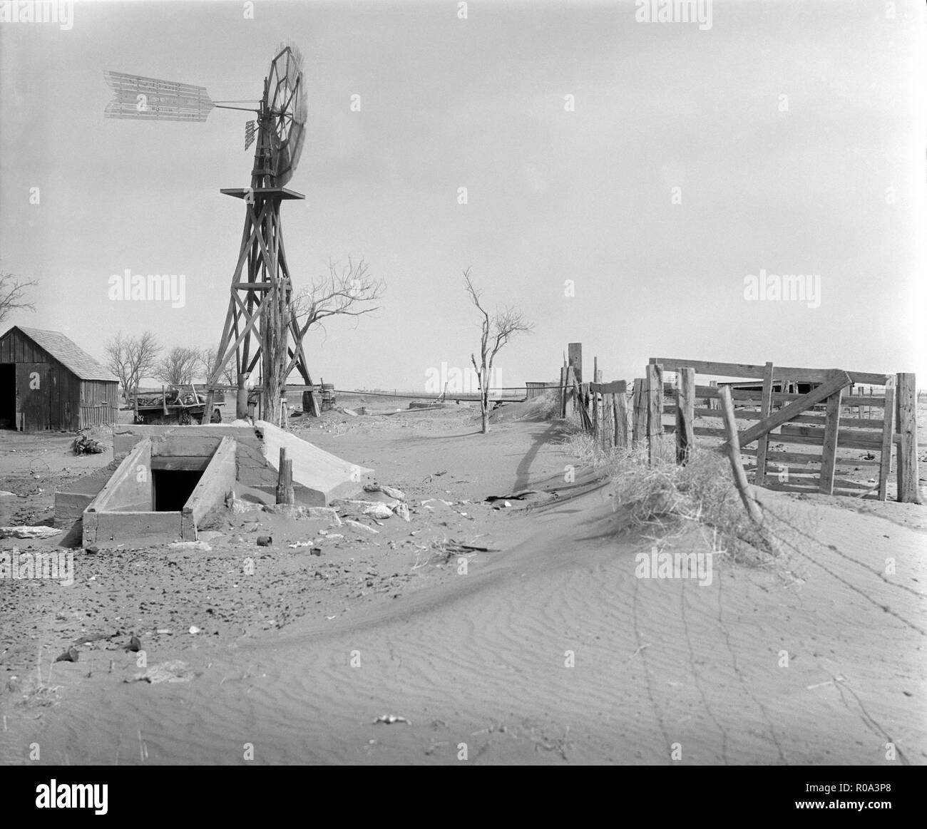 Drifting Soil in Farmyard, Hartley County, Texas, USA, Arthur Rothstein, Farm Security Administration, April 1936 Stock Photo
