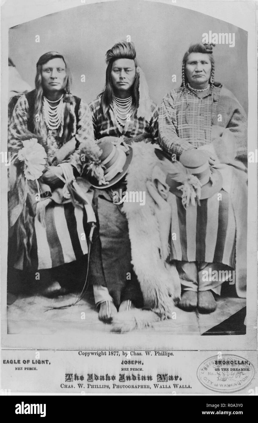 Three Native American Men, Eagle of Light, Joseph & Smohollah, Seated Portrait, The Idaho Indian War, by Charles W. Phillips, Walla Walla, Washington, USA, 1877 Stock Photo