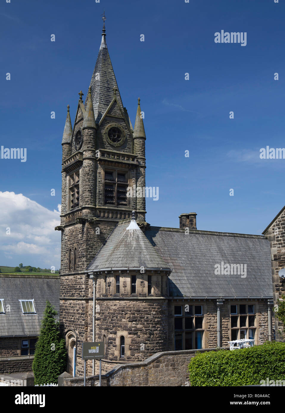 The ornate tower attached to St. Cuthbert's CE Primary School in Pateley Bridge, North Yorkshire Stock Photo
