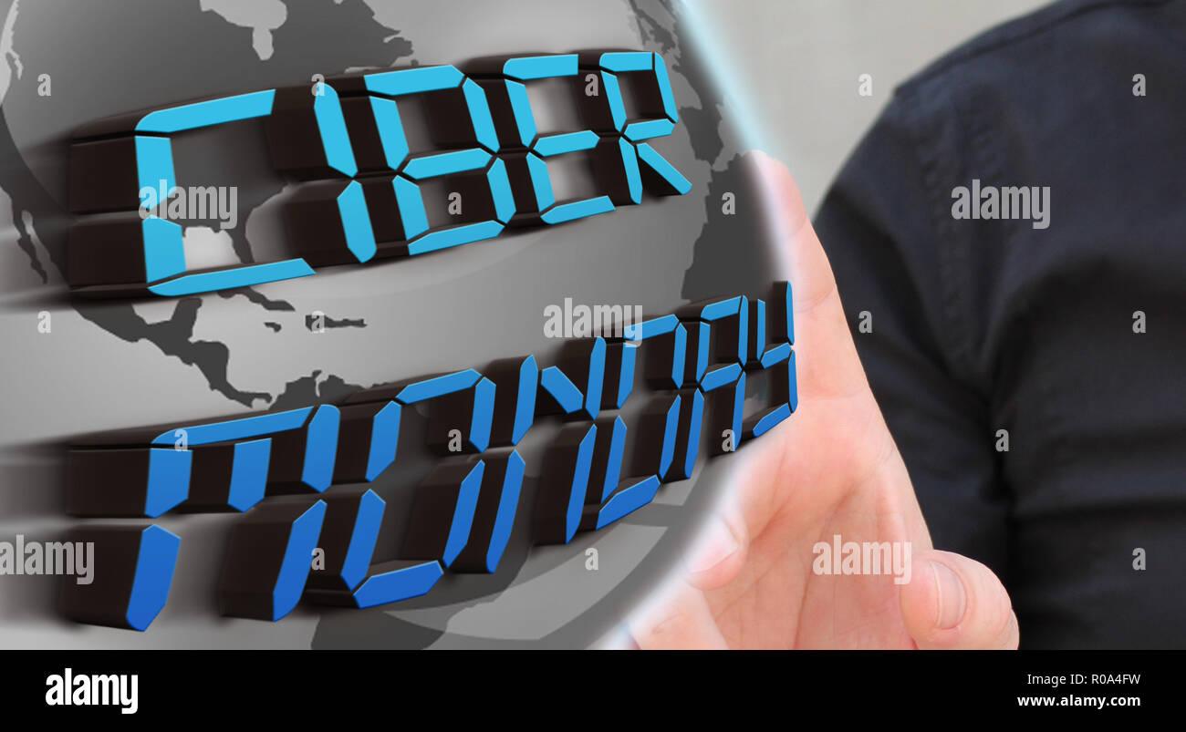 ciber monday sale concept, with business man interacting with globe. 3d text Stock Photo