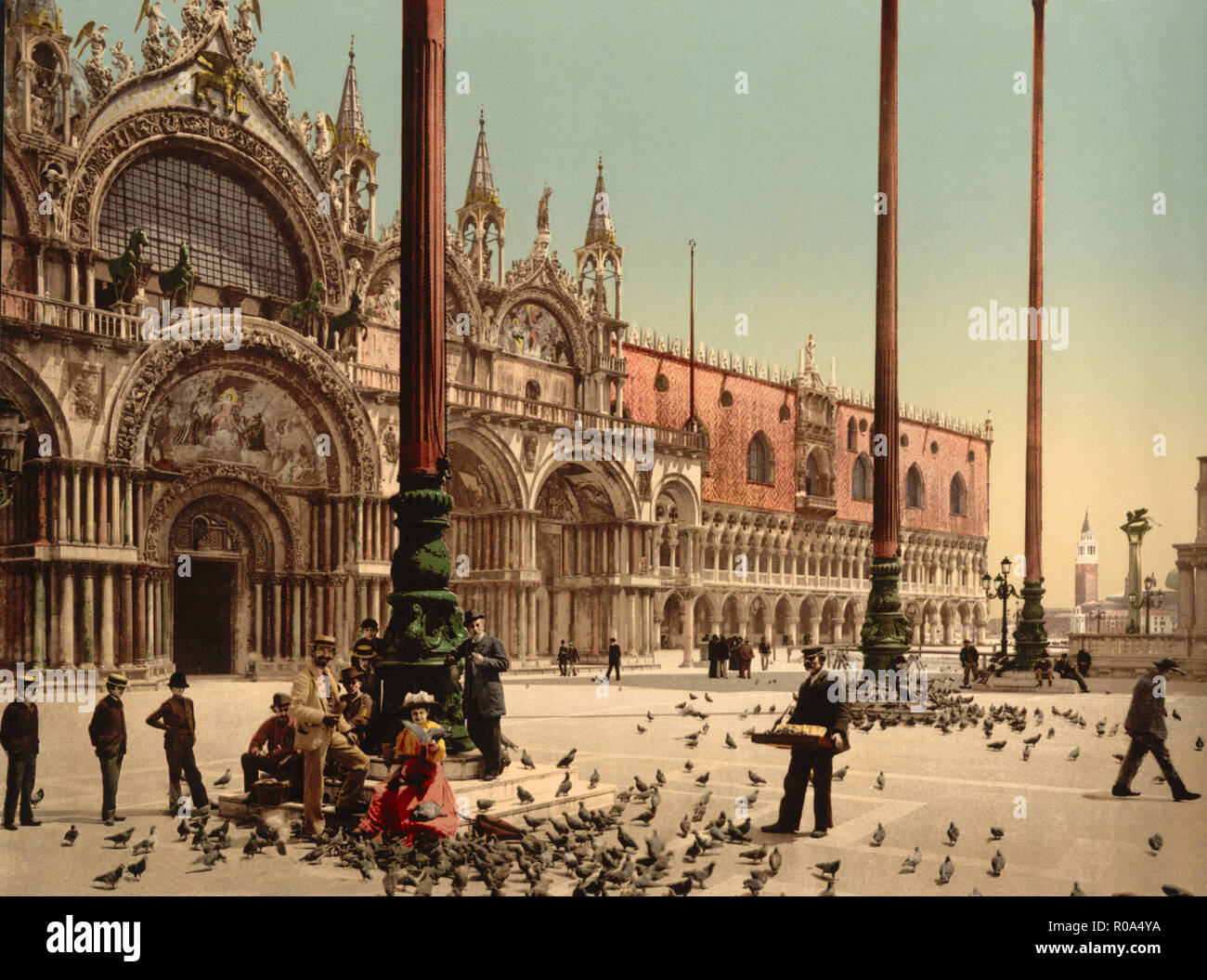 Pigeons in St. Mark's Place, Venice, Italy, Photochrome Print, Detroit Publishing Company, 1900 Stock Photo