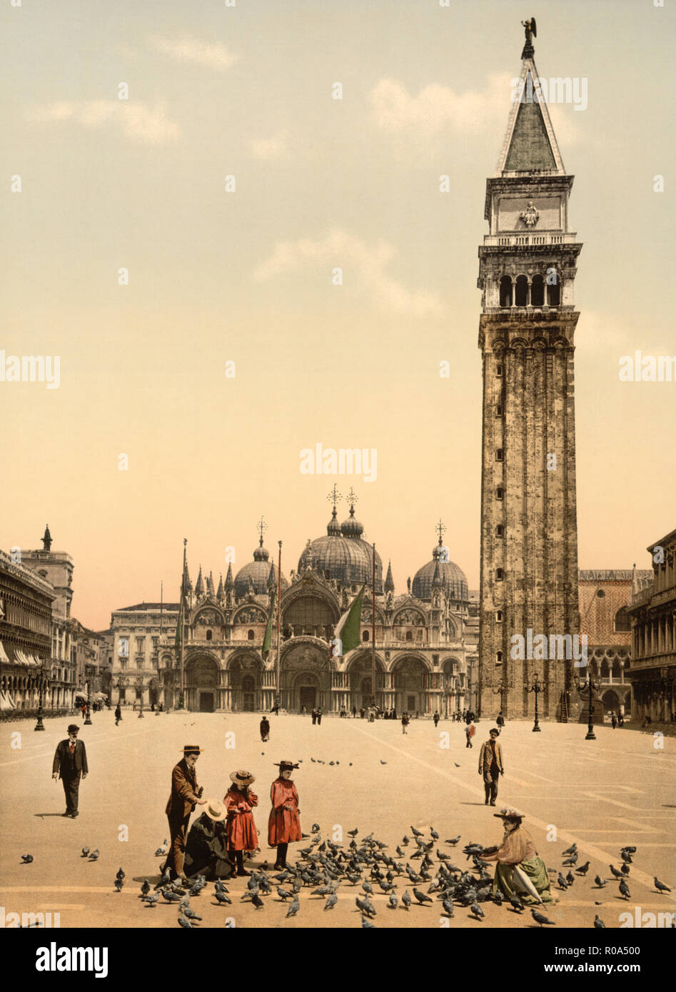 St. Mark's Place with Campanile, Venice, Italy, Photochrome Print, Detroit Publishing Company, 1900 Stock Photo