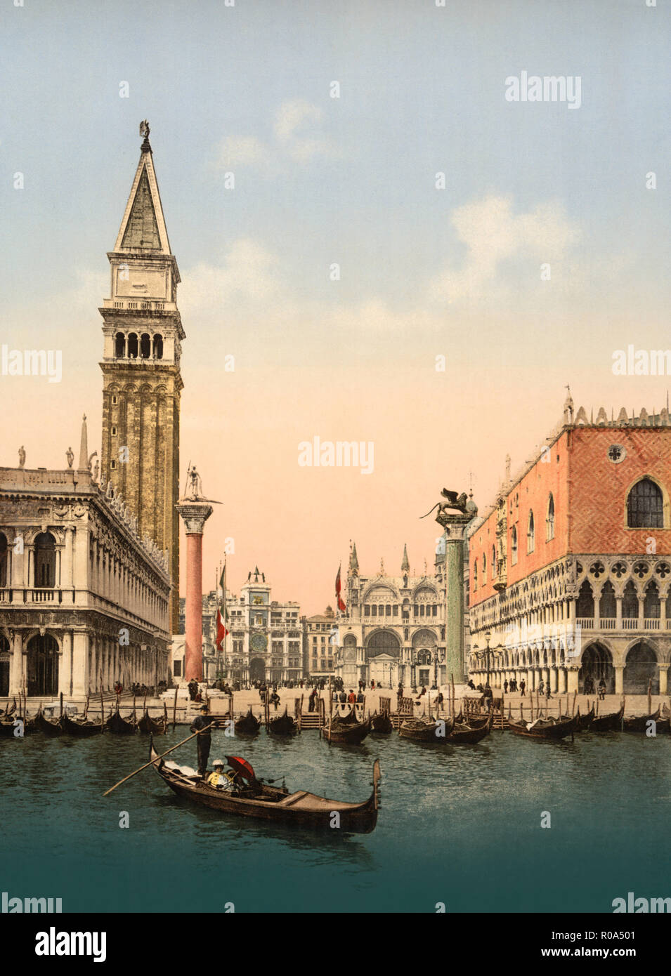 St. Mark's Place with Campanile, Venice, Italy, Photochrome Print, Detroit Publishing Company, 1900 Stock Photo