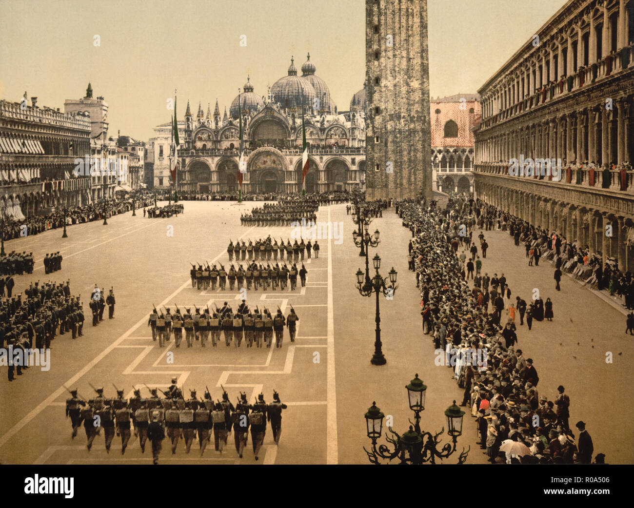Military Review, St. Mark's, Place, Venice, Italy, Photochrome Print, Detroit Publishing Company, 1900 Stock Photo