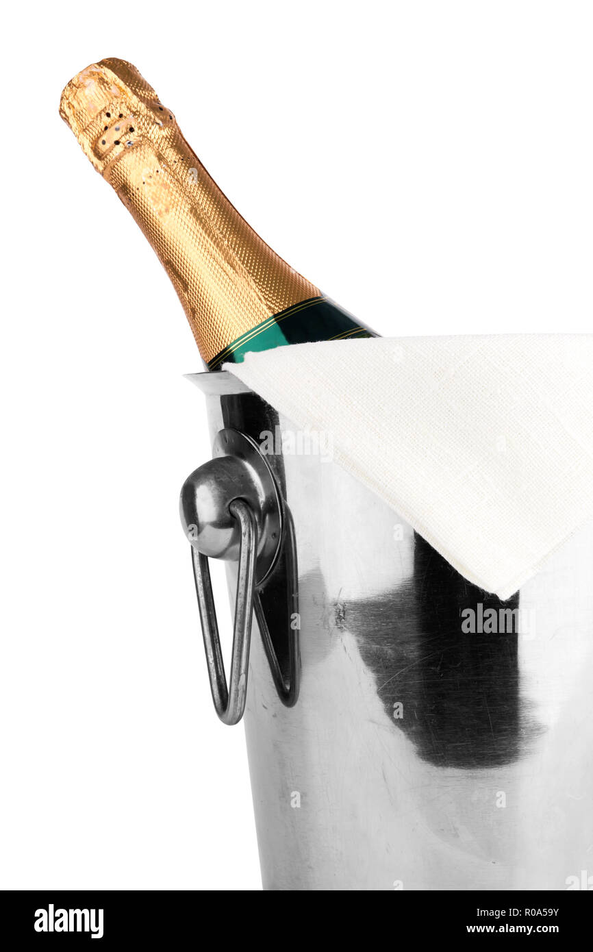 bottle of champagne in cooler with ice on white Stock Photo