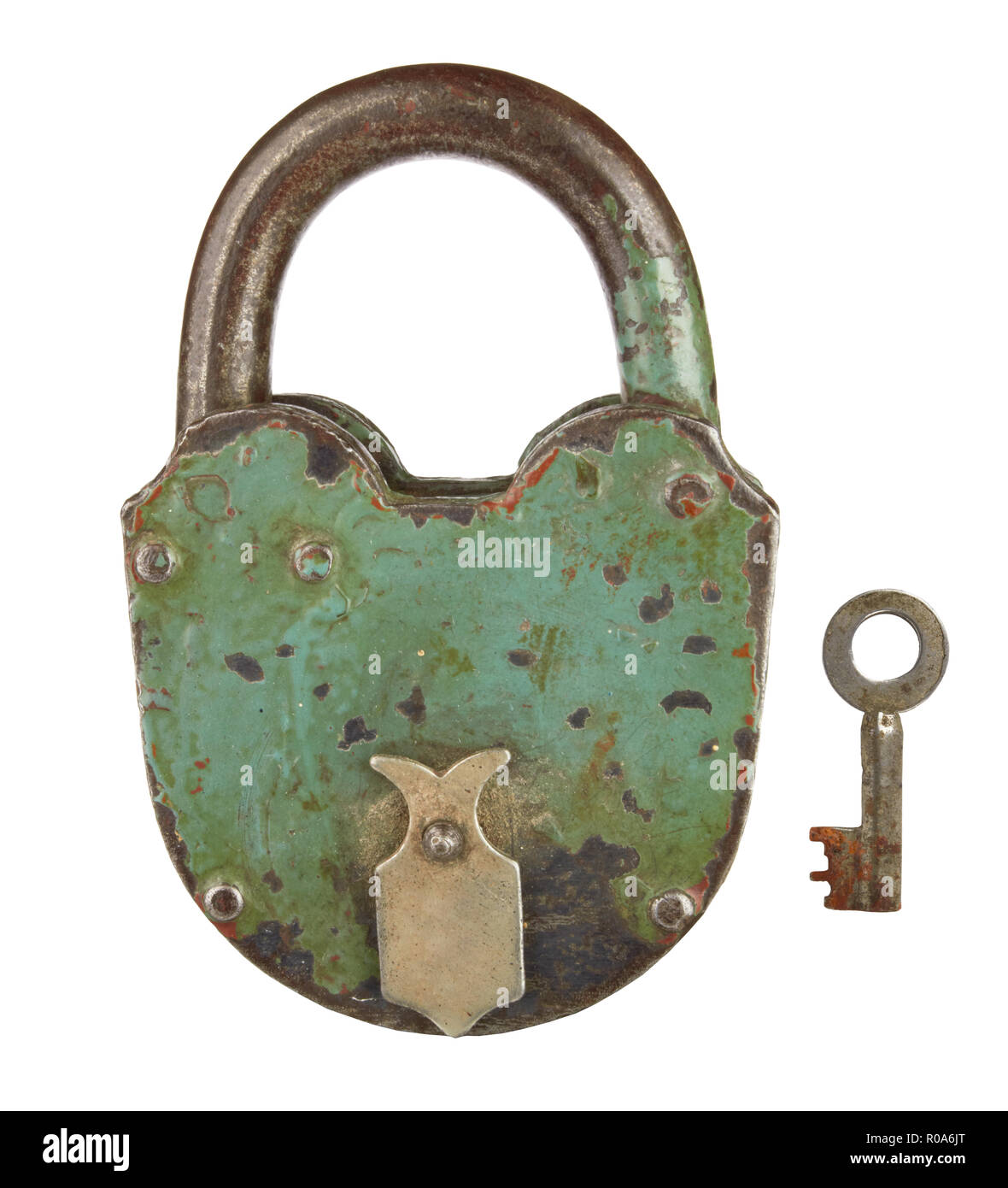 old padlock with key on a white background Stock Photo - Alamy