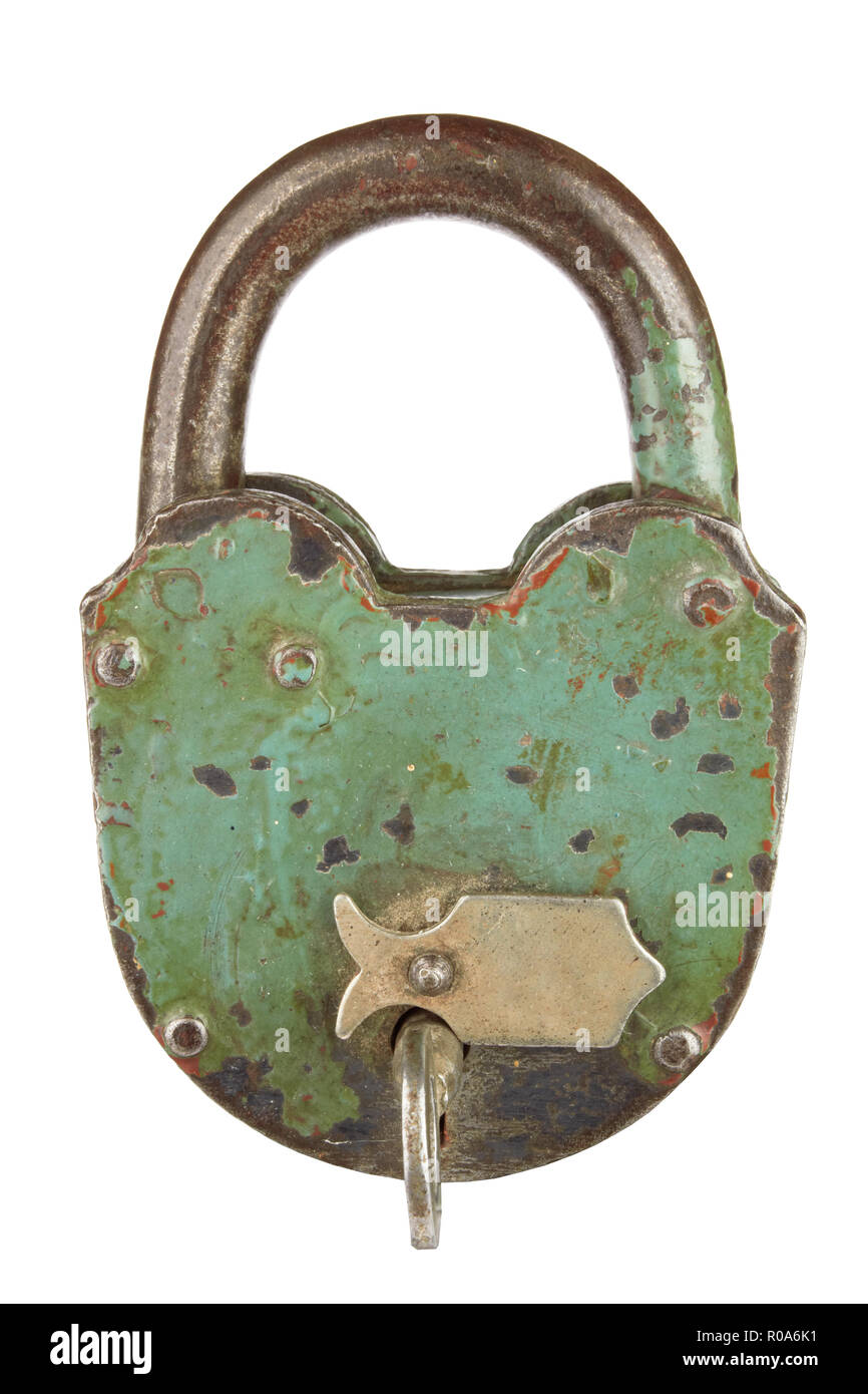 old padlock with key on a white background Stock Photo - Alamy