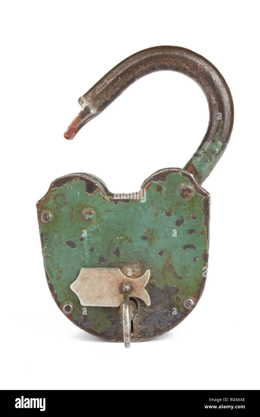 old padlock with key on a white background Stock Photo - Alamy