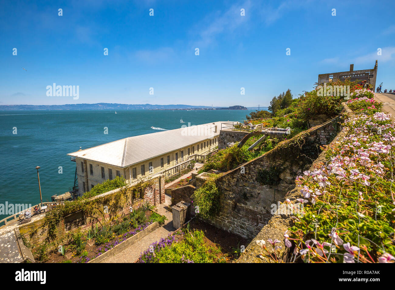 San Francisco, California, United States - August 14, 2016: aerial view of prison garden in Alcatraz prison for inmates recreation and open air work.  Stock Photo