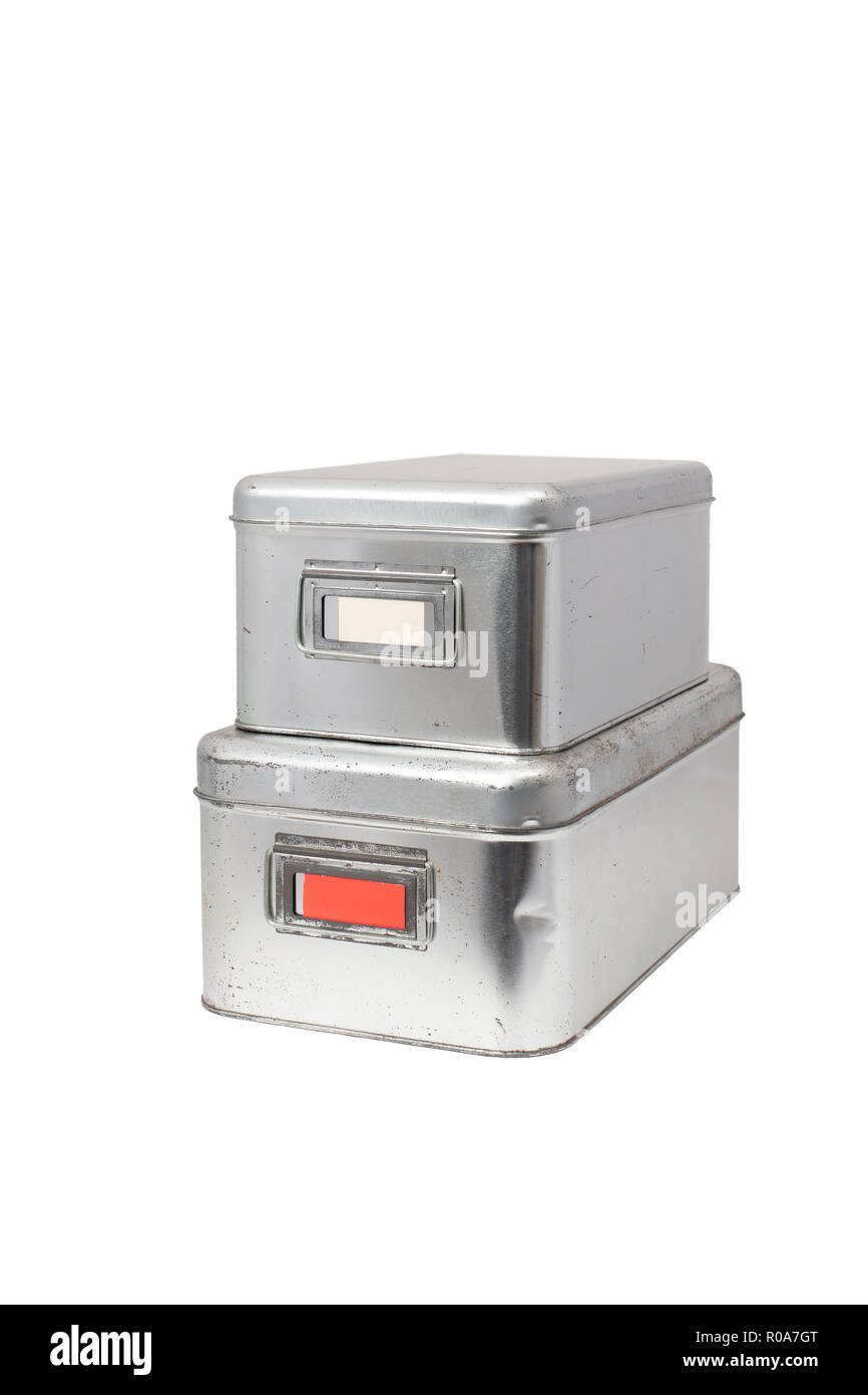 Used, Stainless storage boxes with blank label area, isolated on white