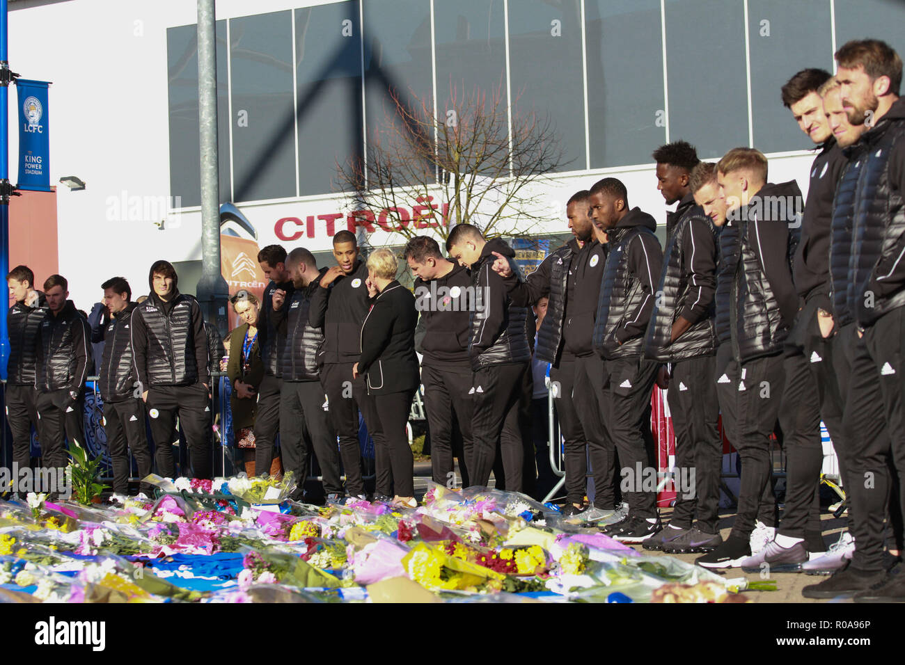 Leicester City players and fans are seen paying tribute to the Leicester City chairman Vichai Srivaddhanaprabha who died in the helicopter crash. Stock Photo