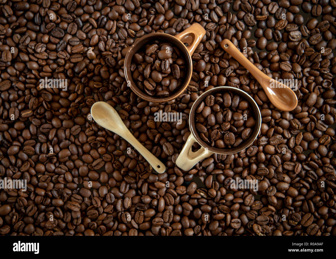 Fresh coffee  brown beans ready to make delicious cup of coffees Stock Photo