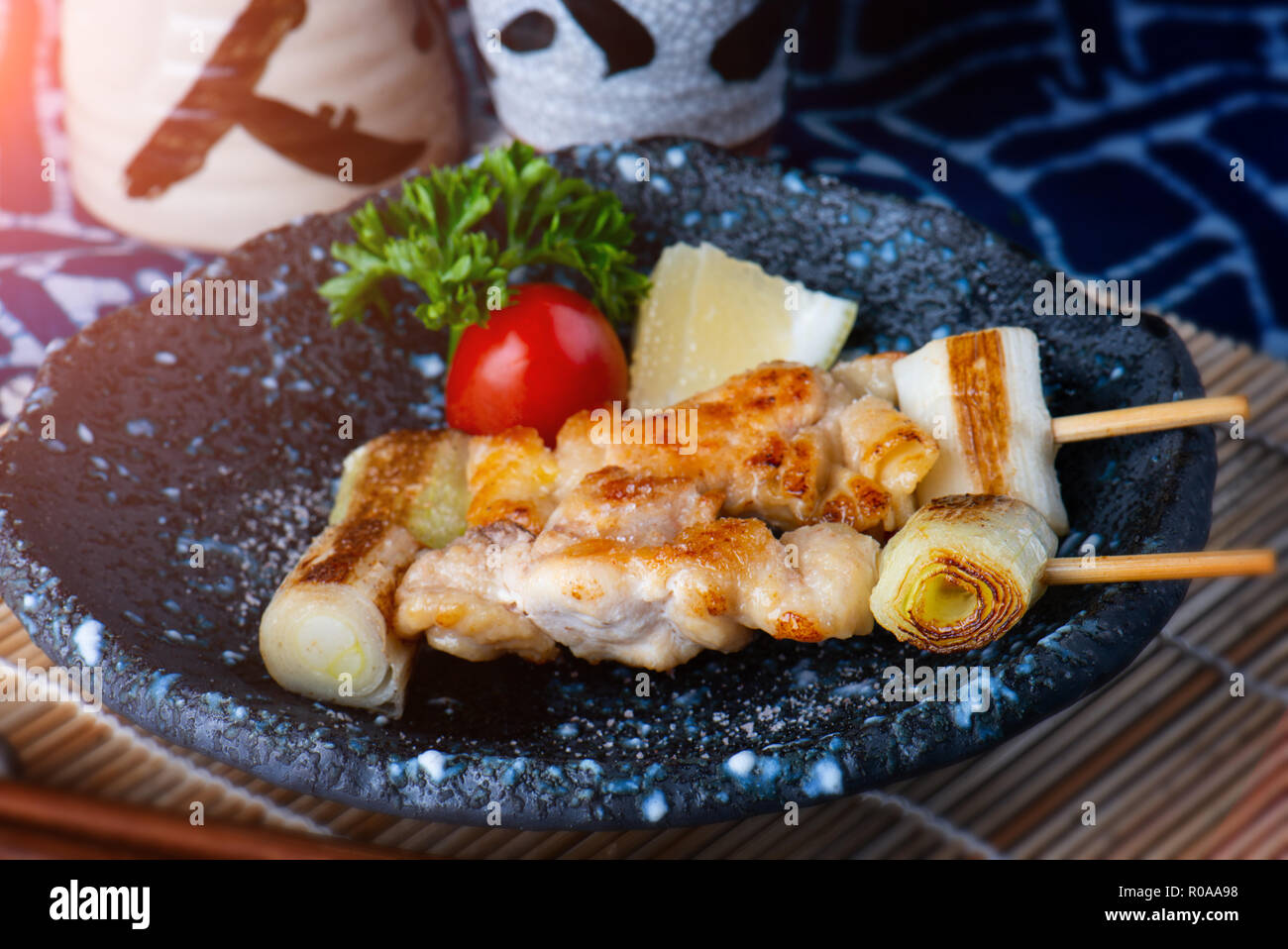 Japanese grilled chicken with salt or Yaki tori  serve in Japanese food style. Stock Photo